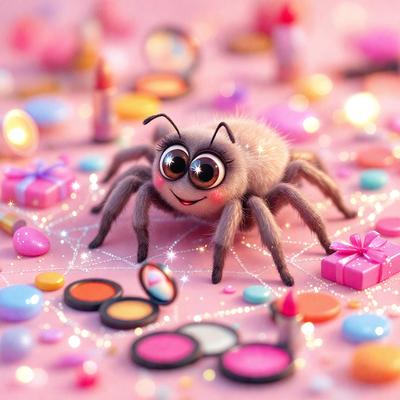 The primary subject of the image is a cute, colorful spider with googly eyes, sitting on a pink surface. The setting is a playful and creative environment, possibly a children's room or a party decoration. The visual style is a combination of digital art and illustration, creating a whimsical and fun atmosphere. The colors and mood are predominantly pink and cheerful, with the spider being the main focus of the scene.